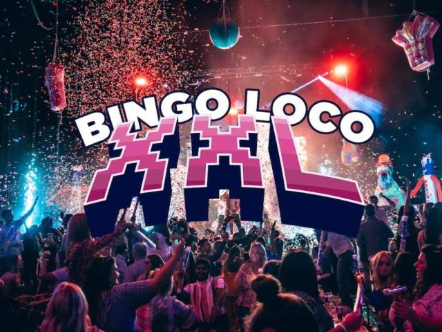 A packed crowd cheers inside a nightclub-style venue as confetti rains down and colorful stage lights flash, with large text reading “Bingo Loco” across the center of the image.