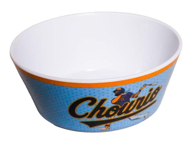 A white bowl with a blue exterior featuring a baseball player graphic and the word “Chourio” in large lettering.