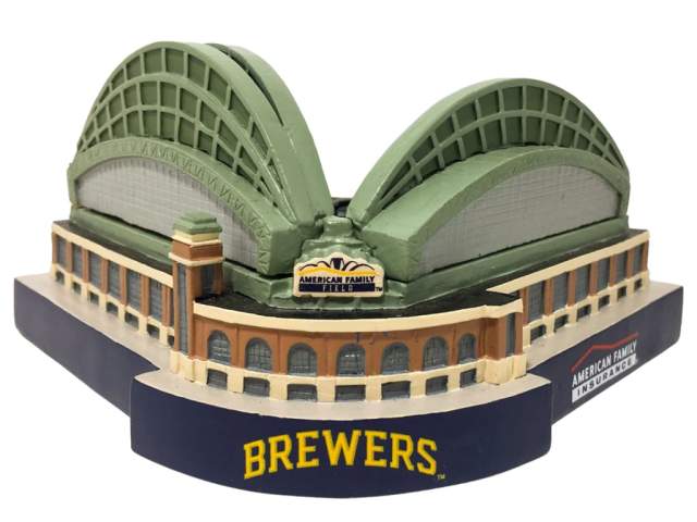 A miniature replica of American Family Field with the stadium’s green retractable roof, mounted on a navy base labeled “Brewers” and “American Family Insurance.”