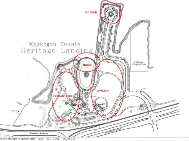 Black and white map of Heritage Landing showing available rental areas circled in red.