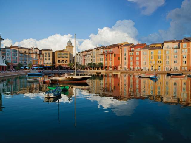 Loews Portofino Bay Hotel at Universal Orlando exterior with lake