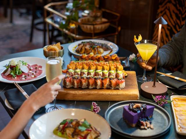 Table shot of food and drink at Seito Sushi