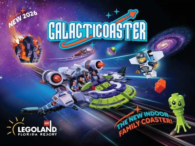 A promotional image for Galacticoaster, an indoor space-themed roller coaster coming to LEGOLAND Florida Resort in 2026.