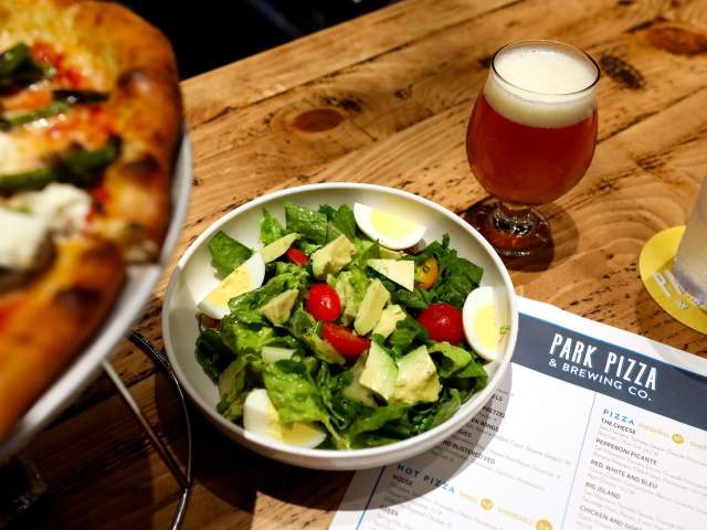 Park Pizza & Brewing Company salad pizza and beer