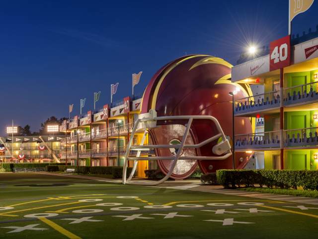 Disney's All-Star Sports Resort exterior at night