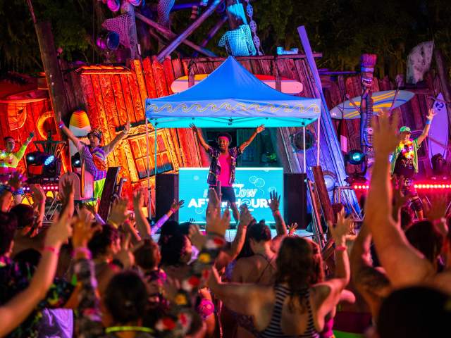 Disney’s H2O Glow After Hours returned to Disney’s Typhoon Lagoon on May 25, 2024, just in time for summer in Lake Buena Vista, Fla. The popular after hours event transformed Disney’s Typhoon Lagoon water park into an energetic glow-filled party where guests got groovy on the DJ Dance floor, enjoyed watery attractions under the stars, and accessorized their beach ware with glow. (Bennett Stoops, photographer)
