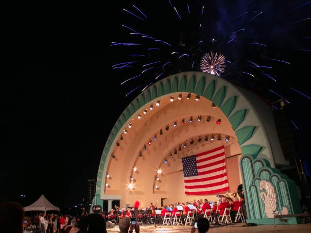City of Orlando fireworks at the fountain orchestra playing at the amphitheater