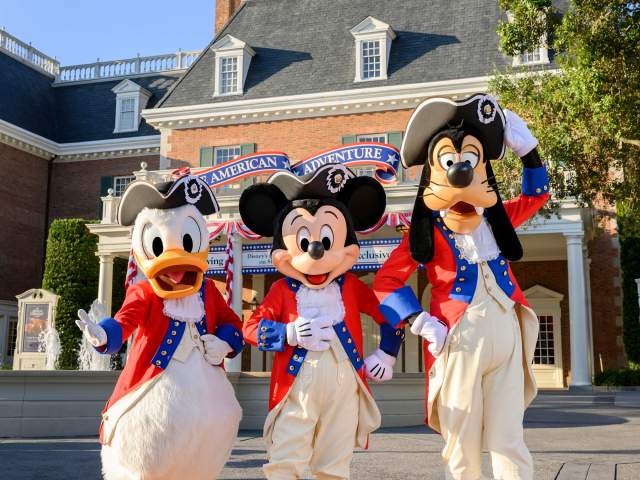 Donald Duck, Mickey Mouse and Goofy dress in their patriotic best to celebrate the Fourth of July at Walt Disney World Resort. They appear for meet and greets at the American Adventure at Epcot for the holiday. (Amy Smith, photographer)