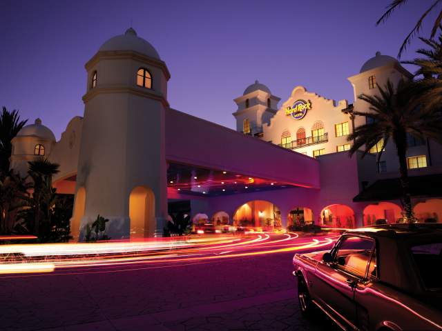 Night shot of the front entrance to the Hard Rock Hotel at Universal Orlando