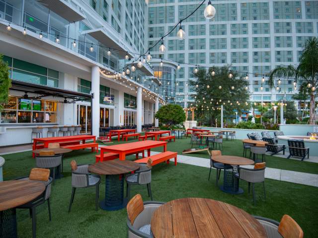 Outdoor patio of FastBreak at Hilton Orlando