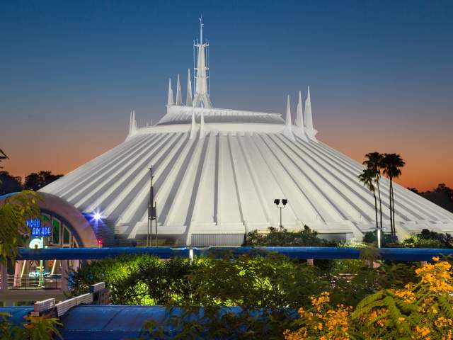 Exterior view of Space Mountain, the famous, space-themed dark coaster at Magic Kingdom Park, part of Walt Disney World Resort in Orlando.