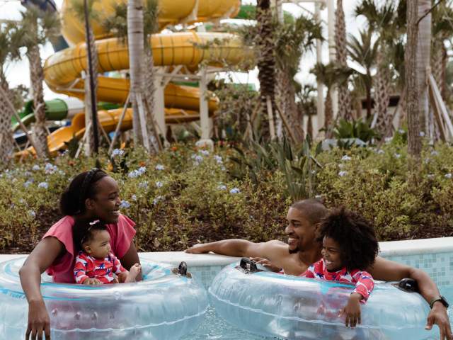 Family in lazy river at Orlando World Center Marriott