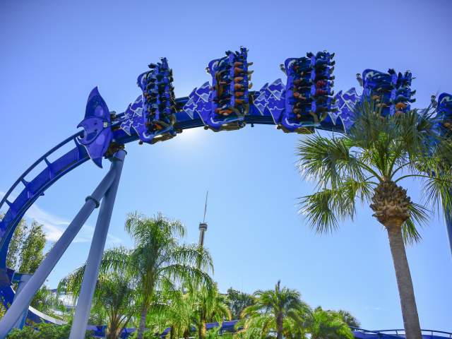 Ground view of the Manta roller coaster at SeaWorld Orlando