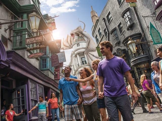 People walking through the Wizarding World of Harry Potter Diagon Alley at Universal Studios Florida