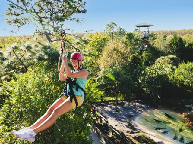 Mature adventurer and teen friends go ziplining at Gatorland
