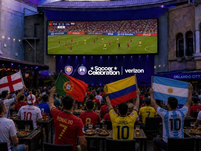 Renderings of viewing areas, Outdoor watch party with guests seated at tables watching a soccer match on a large screen, holding national flags including Portugal, Colombia, and Argentina. The scene is set in a plaza with purple stage lighting and branded Soccer Celebration signage.