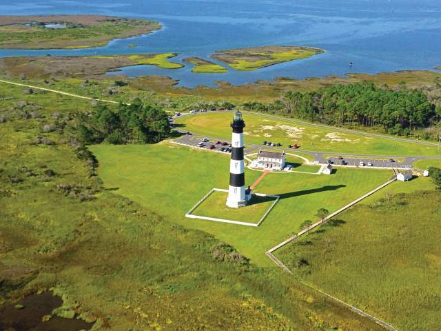 A lighthouse on a green field on the Outer Banks