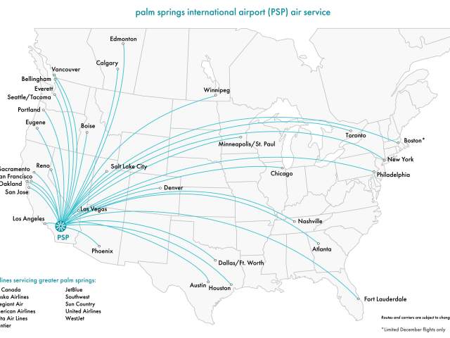 Overview of US map with flights to and from PSP