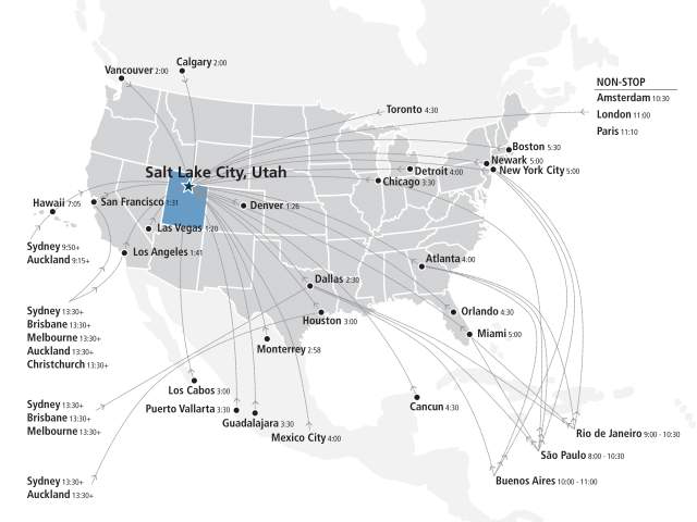 Map of International flights to Salt Lake City Airport