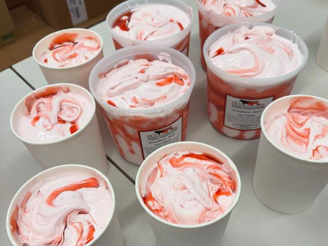 Nine tubs of ice cream out on a table at Ely Farm Products in Newtown