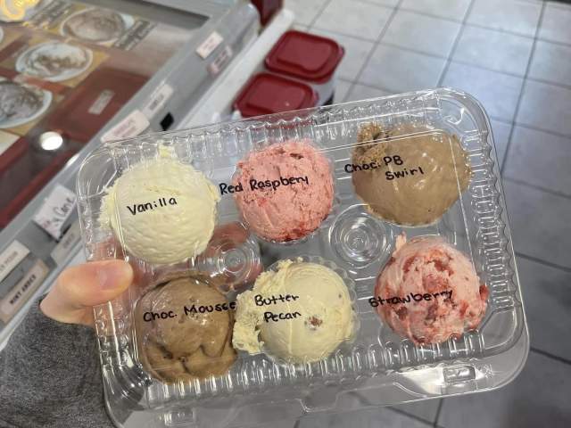 A hand holding up a container with six scoops of ice cream in it and names of flavors written on the top of the container