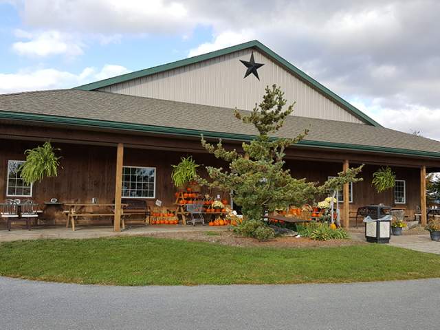 Exterior of a storefront with pumpkins on shelves in front and a star at the top of the building