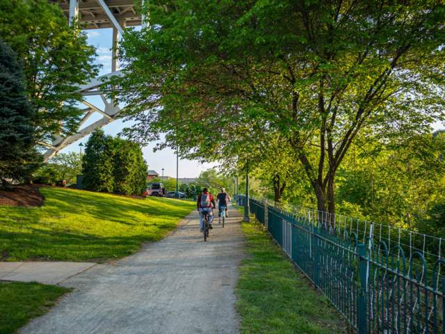 Three people riding bikes down a trail in Pittsburgh with greenery surrounding them