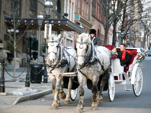 Horse drawn carriage carrying a man and woman driving down a main street