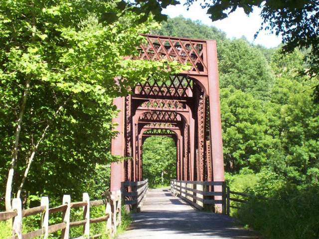 An outdoor metal bridge with green trees surrounding it