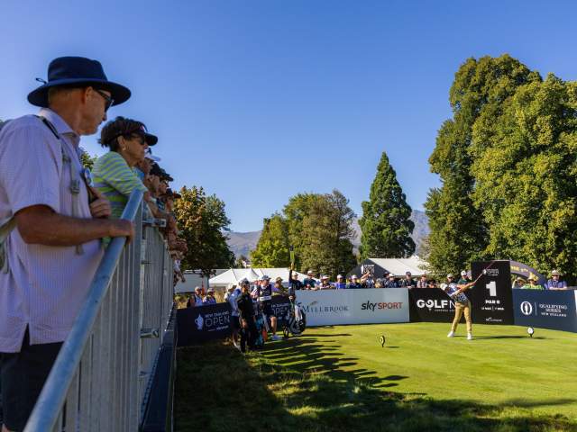 A golfer tees off at NZ Golf Open 2025 at Millbrook Resort