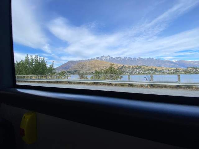 View of the Remarkables mountain range from a public bus window