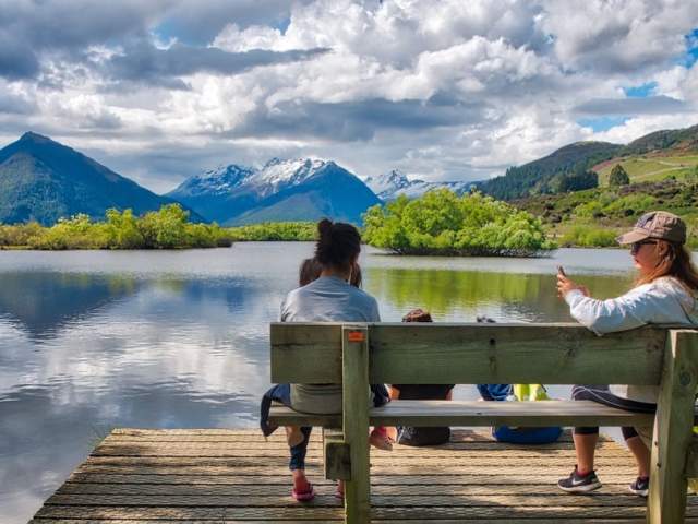 Family walks along the Glenorchy Lagoon Walkway