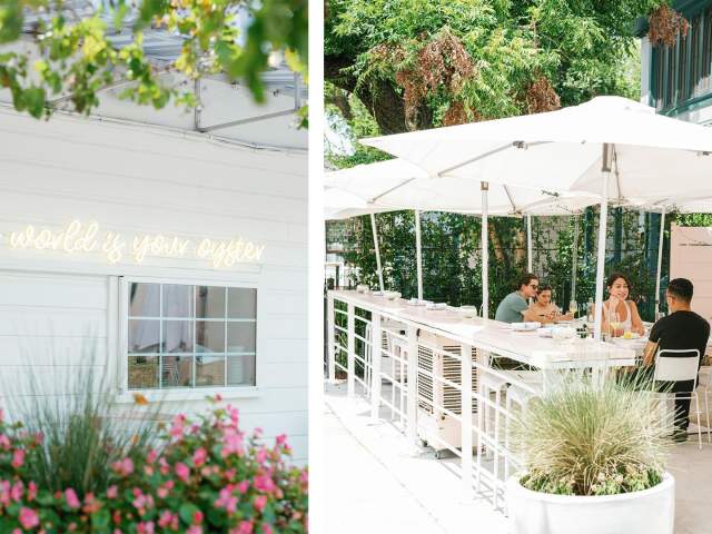 Split image of exterior patio with white umbrellas at local restaurant