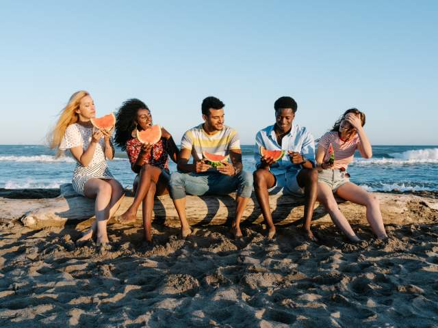 Group of friends sitting on a log with the ocean behind them