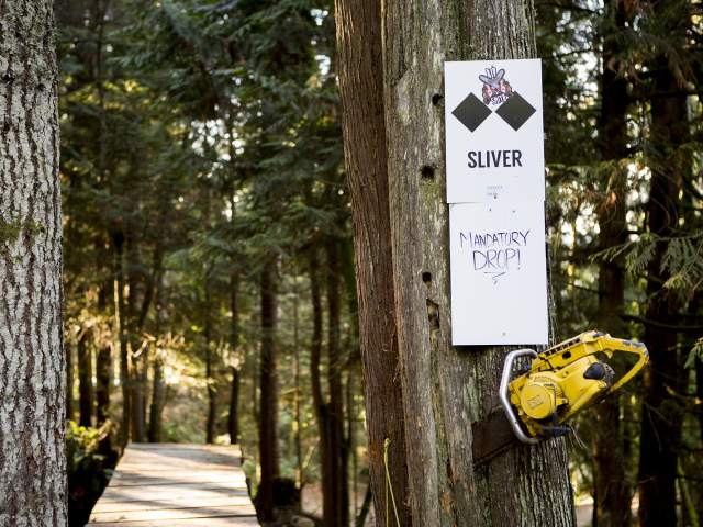 A trail sign reads "Sliver" and "Mandatory Drop!" with two black diamonds.
