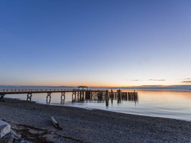 A view of the wharf at sunset.