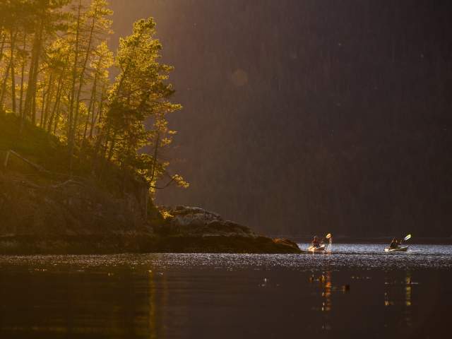 Two people paddling just off of the rocky shoreline.