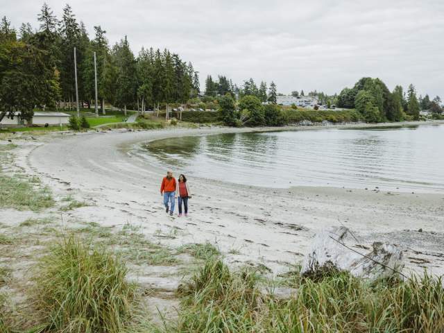 A couple walk down the beach, holding hands.