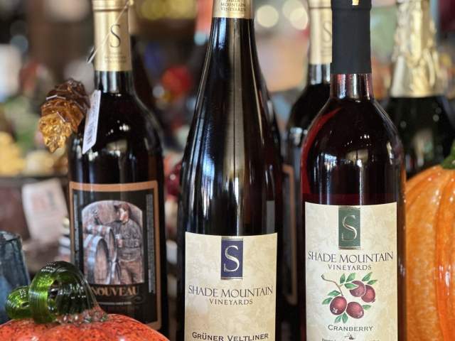 Picture of Shade Mountain Fall Wines sitting on counter beside pretty glass pumpkins.