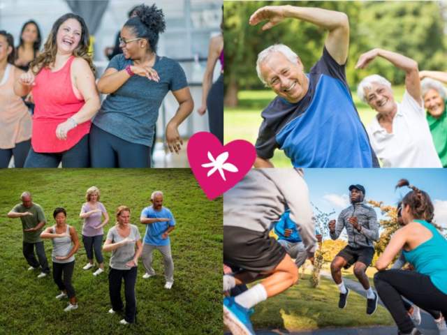 Older people doing exercises outside.