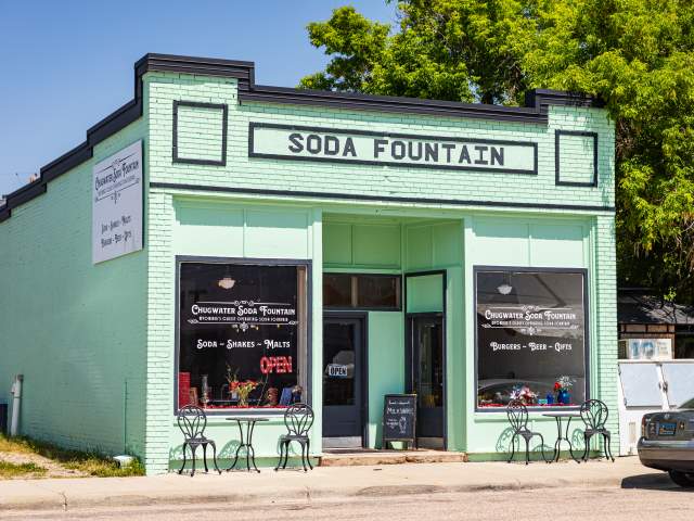 The standing building of the Chugwater Soda Fountain, a landmark in WY.