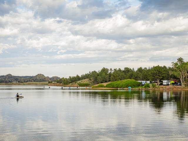 A kayacker out on the water in Curt Gowdy.
