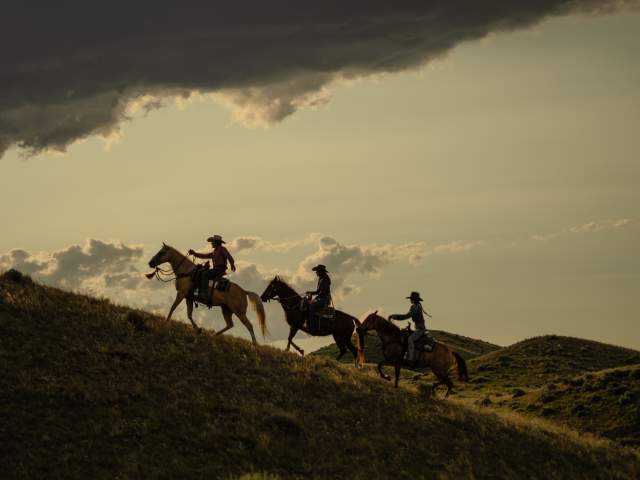 Three people riding horse up a hill.