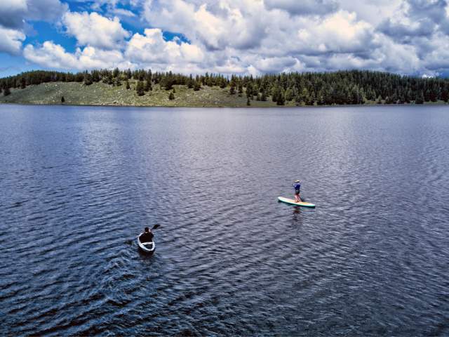 two paddle boarders on a lake