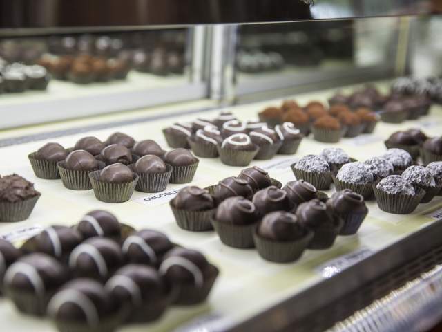 indulgent chocolate assortment on display at Meeteetse Chocolatier