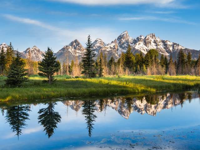 Snowy mountain rage and forest reflected in water below