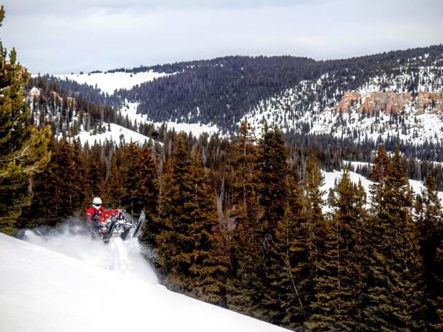 Snowmobiler riding through the Bighorn Mountains.