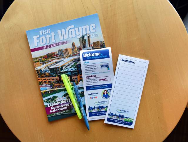 Relocation guide and giveaway items for newly relocated residents of Fort Wayne and Allen County are available at the Visitors Center.