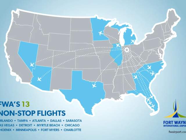 Map of United States showing which cities Fort Wayne Airport flies to. Orlando, Tampa, Atlanta, Dallas, Sarasota, Las Vegas, Detroit, Myrtle Beach, Chicago, Phoenix, Minneapolis, Fort Myers, Charlotte