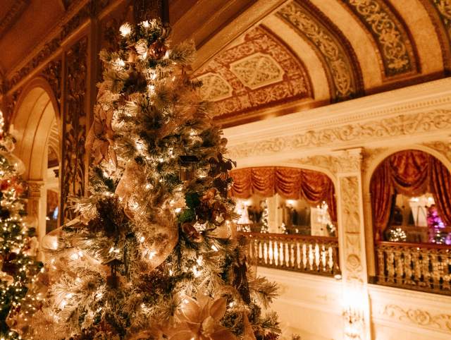 Closeup of a decorated Christmas Tree at the Embassy Theatre during the Festival of Trees in  Fort Wayne, Indiana